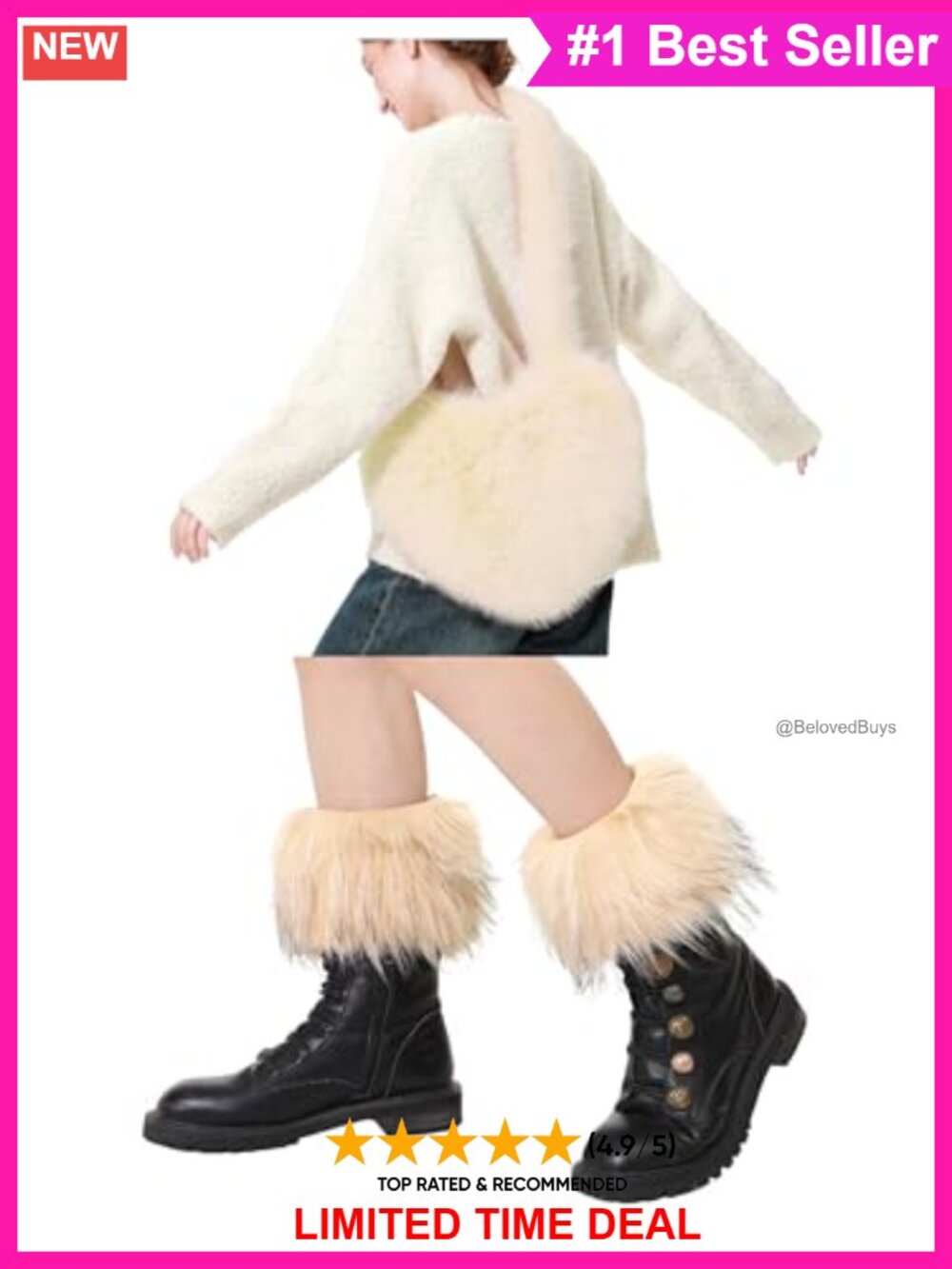 Faux Fur Shoulder Bag and Leg Warmers Set Quilted Liner One Size